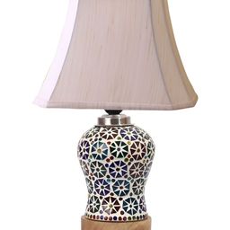 Devansh Off White Printed Wooden Frustum Shaped Table Lamp With Mosaic Glass Base image 3