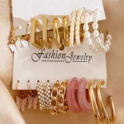 GOLDIWALA Set Of 10 Gold Plated Pearls Beaded Geometric Half Hoop Earrings-4