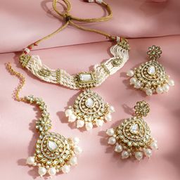Rubans 22K Gold-Plated White Kundan Pendant Choker Set with MultiStrand Glossy Pearl Beads-picture-5
