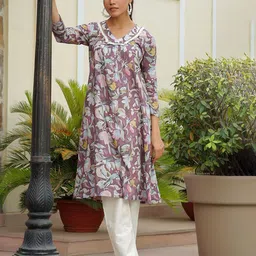 VAASVA JAIPUR Floral Printed V-Neck Pure Cotton Casual Tunic & Trousers-picture-51
