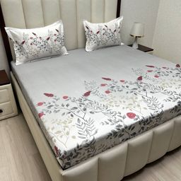 Pure Decor White & Grey Floral King Bedsheet with 2 Pillow Covers-image-67