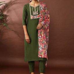 Jaipur Kurti Women Floral Embroidered Regular Chanderi Cotton Kurta with Trousers & With Dupatta-11