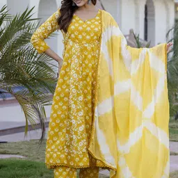EthniFlair Floral Printed Panelled Pure Cotton Anarkali Kurta With Trousers & Dupatta-35