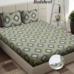 Arrabi Olive Green & Pink Geometric 300 TC King Bedsheet with 2 Pillow Covers-picture-34