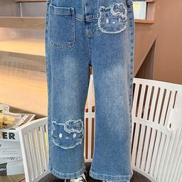 LULU & SKY Girls Mid-Rise Light Fade Distressed Kitty Design Jeans-image-19