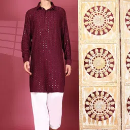 Pro-Ethic STYLE DEVELOPER Men Ethnic Motifs Embroidered Regular Sequinned Kurta with Pyjamas-3