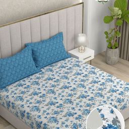 Pure Decor Pearl Blue Floral Printed Cotton 180 TC Fitted King Bedsheet Set 1.93 x 1.82 m-picture-48