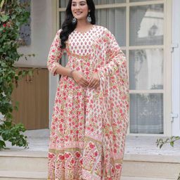 JAIMINI Women Floral Printed Layered Mirror Work Pure Cotton Kurta with Trousers & With Dupatta-picture-16