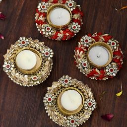 Aapno Rajasthan 4Pcs Red Metal Candle Holders-17