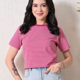 CORSICA Women Bio Finish Striped Round Neck Cotton T-shirt-image-49