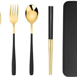 Premium Gold Plated 304 Stainless Steel Fork Spoon Chopstick Set Flatware Dinnerware Cutlery Tableware Set (Black) Disposable Steel Cutlery Set-1