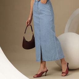 Chemistry Women Pure Cotton Front Slit Denim Maxi Skirt-picture-38