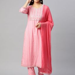 Readiprint Fashions Floral Yoke Design Mirror Work Cotton Kurta with Palazzos & Dupatta-1