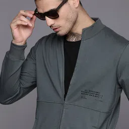 WROGN Men Grey Applique Mock-Collar Front-Open Sweatshirt-picture-3