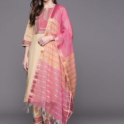 Biba Women Beige & Pink Solid Kurta with Trousers & Dupatta-27