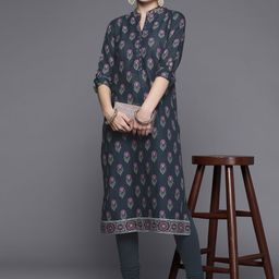 Biba Women Navy Blue & Pink Ethnic Motifs Printed Pure Cotton Kurta-picture-49