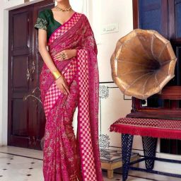 Satrani Pink Floral Print Saree With Unstitched Blouse-picture-9