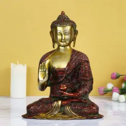 eCraftIndia Red and Golden Premium Meditating Blessing Big Buddha Brass Antique Artifact-image-5