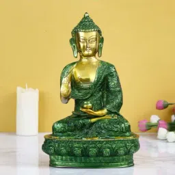 eCraftIndia Golden and Green Premium Meditating Blessing Big Buddha Brass Antique Artifact-image-3