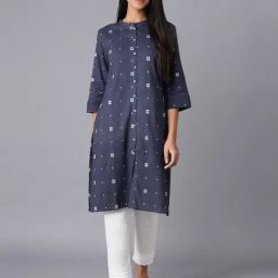W Navy Printed Straight Kurta-image-52