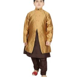 SG Yuvraj Kids Yellow & Brown Textured Pattern Full Sleeves Kurta Set-image-28