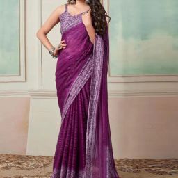 Satrani Purple Striped Saree With Unstitched Blouse-image-55