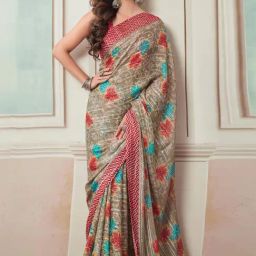 Satrani Beige Floral Print Saree With Unstitched Blouse-image-24