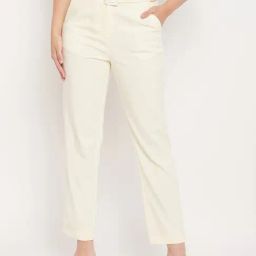 MADAME Off White Cotton Solid Trousers-image-46