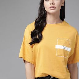 Roadster Women Yellow Solid Pure Cotton Drop-Shoulder Sleeves Pure Cotton T-shirt-image-13