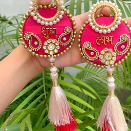 Sellplus Set Of 2 Pink & White Textured Shubh Labh Booti Tassel Hanging Torans-picture-47