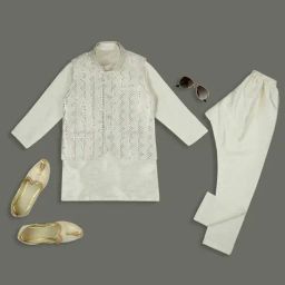Kids Island Boys Yellow Sequence Kurta Sets with Jacket-picture-2