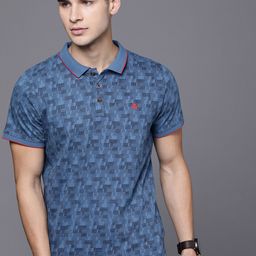 WROGN Men BlueBlack Slim Fit Printed Polo Collar Pure Cotton T-shirt-image-6