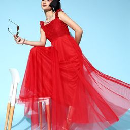U&F Women Charming Red Solid Elevated Gown Dress-1