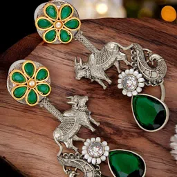 LUCKY JEWELLERY Silver-Plated Artificial Stone Studded Contemporary Oxidised Drop Earrings-17