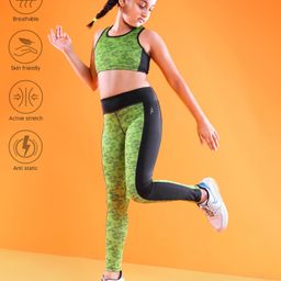Pine Active Sleeveless Printed High Stretch Sports Bra & Leggings - Black Green-image-51