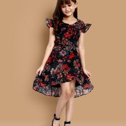 Little Marine Cap Sleeves Floral Printed Over Lap Dress - Black-image-74