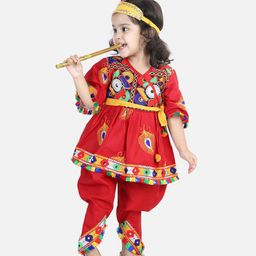 BownBee Janmashtami Theme Three Fourth Sleeves Peacock Feather Embroidered And Shisha Embellished  Dhoti Kurta With Mukut Bansuri Belt - Red-image-65