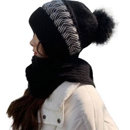 SYGA Women Winter Knitted warm Hat with Scarf Ear Protection Woolen Hat Pompom Winter cap - Black-image-59