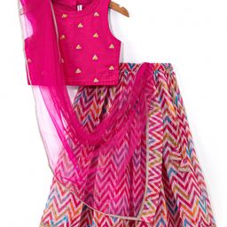 Babyhug Woven Sleeveless Sequined Embroidered Choli with Chevron Printed Dhari Lenhenga & Dupatta Set - Multicolour-image-3
