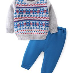 Babyhug Knit Full Sleeves Sweater Set With Floral Design - Grey & Blue-image-51