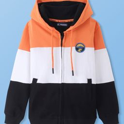 Pine Kids Cotton Knit Full Sleeves Front Open Hooded Sweatjacket with Colour Block Design & Patch Detailing - Orange-11