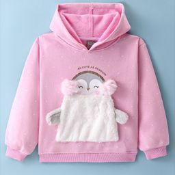 Little Kangaroos Fleece Knit Full Sleeves Hooded Sweatshirt with Penguin Applique - Pink-image-80