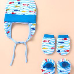 OHMS Single JerseyKnit Cap Mitten & Booties Fish Print Light Blue - Diameter 10 cm-picture-12