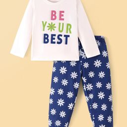 Honeyhap Premium 100% Cotton Knit Full Sleeves Night Suit With Bio Finish Text & Floral Print - White & Navy Blue-image-30