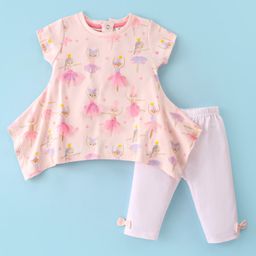 ToffyHouse 100% Cotton Knit Half Sleeves Top & Leggings Set With Doll Print & Mesh Detail - Baby Pink-picture-38