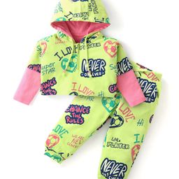 Babyhug Cotton Knit Full Sleeves Hooded T-Shirt & Lounge Pants Co-Ord Set With Football & Text Print - Limegreen & Pink-image-95