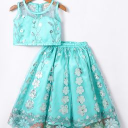 Saka Designs Satin Sleeveless Choli Lehenga Set with Floral Sequin Embroidery - Aqua Blue-image-33