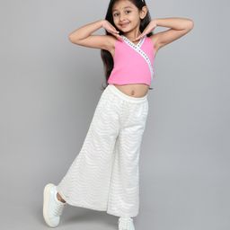 Taffykids Halter Mirror Embellished Wrap Crop Top With Sequin Detailed Palazzo Set - Pink & White-image-25