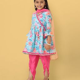 Nauti Nati Three Fourth Sleeves Floral Printed Angrakha Anarkali Kurta With Dhoti Pant & Dupatta - Blue-image-85
