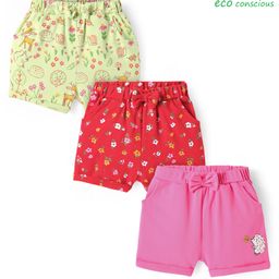 Babyoye Interlock Knit With Eco Jiva Finish Shorts With Animal & Floral Print Pack of 3 - Red Lime Green & Pink-image-82